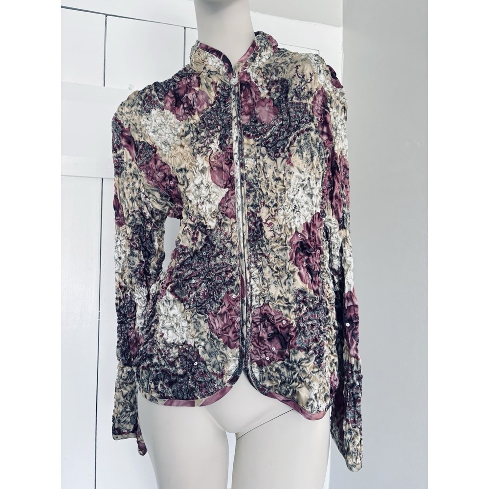 Vintage MSK Evening Jacket Womens L Floral Sequin Full Zip Crinkle Top Jacket
